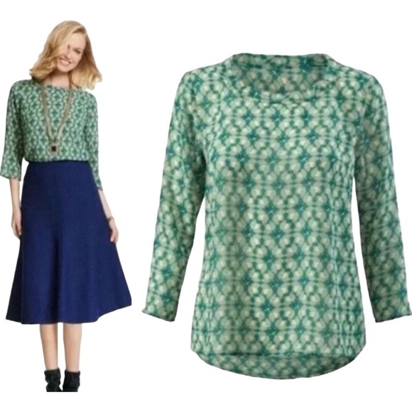 CAbi EUC Jade Green Print Top Spring Prick Blouse Medium #3069 Vacation Travel - Picture 5 of 9